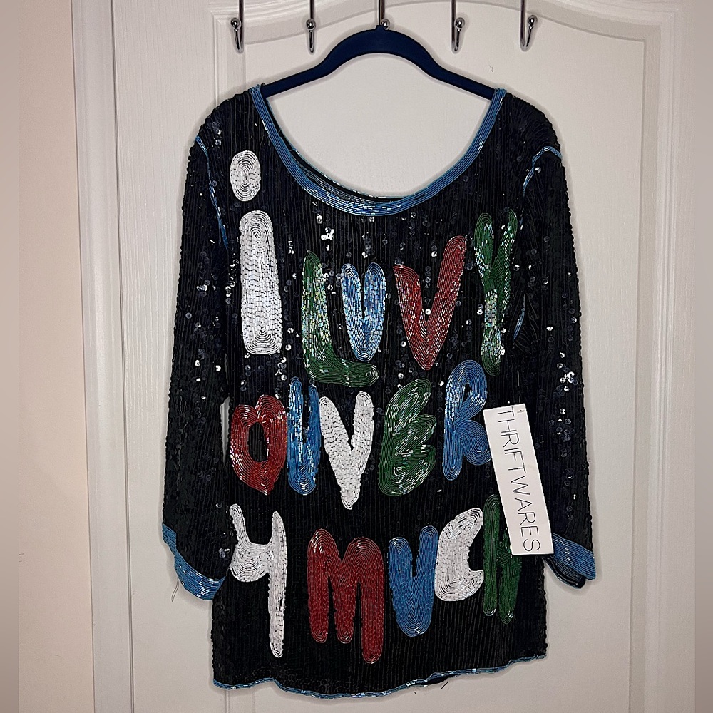 Beautiful Vintage sequin and beaded tunic "I luv you very much".